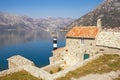 Beautiful Mediterranean landscape on sunny spring day. Montenegro. View of Bay of Kotor and Church of Our Lady of Angels Royalty Free Stock Photo