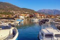 Beautiful Mediterranean landscape in winter. Fishing boats in harbor. Montenegro, Tivat city Royalty Free Stock Photo