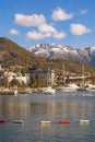 Beautiful Mediterranean landscape on sunny winter day. Montenegro. View of Bay of Kotor and Tivat city Royalty Free Stock Photo