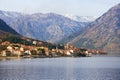 Beautiful Mediterranean landscape on winter day. Montenegro, Bay of Kotor, view of Prcanj town