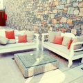 Beautiful mediterranean patio with white outdoor furniture(Greece)