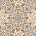 Beautiful Mediterranean pattern of octagonal and square ceramic tiles in light blue and beige colors. Seamless patchwork design.