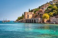 Beautiful Mediterranean Sea beach against the city walls of Alanya, Turkey Royalty Free Stock Photo