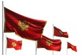 Beautiful memorial day flag 3d illustration - five flags of Montenegro are wave isolated on white