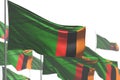 Beautiful memorial day flag 3d illustration - many Zambia flags are wave isolated on white - image with bokeh