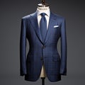 Beautiful men& x27;s blue jacket suit with shirt and tie on a mannequin isolated on dark background.