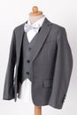 Beautiful men`s grey jacket suit with shirt and bow tie on white background Royalty Free Stock Photo