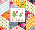 Beautiful menu template with happy dragons on patchwork background.