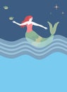 Beautiful mermaid is floating in sea in night and birds are flying in starry sky. Vector illustration Royalty Free Stock Photo