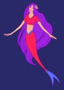 Beautiful mermaid with flower in flowing hair. Vector cartoon magic young girl undersea illustration, fantastic creature isolated Royalty Free Stock Photo