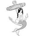 Beautiful mermaid girl with long hair, anchored. isolated vector illustration on a white background