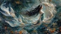 Beautiful mermaid with long black hair in the water. Fantasy painting