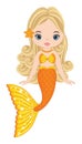 Beautiful Mermaid with Orange Fishtail and Blond Long Hair. Vector Mermaid