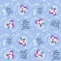 Beautiful mermaid pattern on lilac background. Design for kids. Fashion illustration drawing in modern style for clothes or fabric