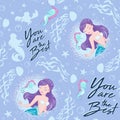 Beautiful mermaid pattern on lilac background. Girl print. Design for kids. Fashion illustration drawing in modern style for