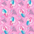 Beautiful mermaid pattern on pink background. Design for kids. Fashion illustration drawing in modern style for clothes or fabric