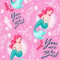 Beautiful mermaid pattern on pink background. Design for kids. Fashion illustration drawing in modern style for clothes or fabric