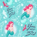 Beautiful mermaid pattern on turquoise background. Design for kids. Fashion illustration drawing in modern style for clothes or