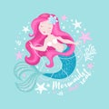 Beautiful mermaid with pearls on turquoise background for t shirts or kids fashion artworks, children books. Fashion illustration