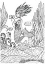 Beautiful mermaid playing with fish under the ocean with amazing corals design for adult coloring book pages. Vector illustration