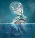 Beautiful mermaid on a rock in a fantasy sea scenery