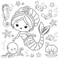 Beautiful mermaid and sea animals. Vector black and white coloring page Royalty Free Stock Photo