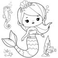 Beautiful mermaid and sea animals. Vector black and white coloring page Royalty Free Stock Photo