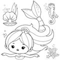 Beautiful mermaid and sea animals. Vector black and white coloring page