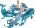Mermaid and dolphins on a white background. Royalty Free Stock Photo