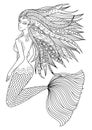 Beautiful mermaid swimming in the ocean design for adult coloring book page. Vector illustration