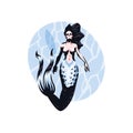A beautiful mermaid woman with a skull instead of a head looks up and swims underwater. A ship on the surface of the