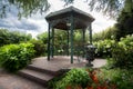 Beautiful metal gazebo under big tree in park