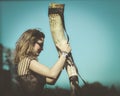 Beautiful metalhead with horn in Hellfest Royalty Free Stock Photo