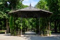 Beautiful metallic garden pavilion in Alexandru Buia Botanical Garden from Craiova in Dolj county, Romania, in a spring day with