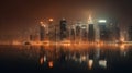 Beautiful metropolitan city skyscraper high rise building in the night sky busy night life, reflection on the water