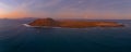 Beautiful mid aspect aerial panoramic view of the evening moonrise over the island of Lobos near Corralejo in Fuerteventura Royalty Free Stock Photo