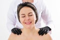 Beautiful middle age woman getting ready for eyelid lift plastic surgery doctor hands in black gloves point fingers to her face on Royalty Free Stock Photo