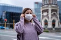 A beautiful middle aged Asian woman wearing a medical mask to protect from infection of virus, pandemic, outbreak and epidemic of