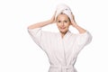 beautiful middle aged woman in bath robe and towel on head Royalty Free Stock Photo