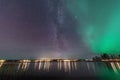 Beautiful Milky Way close to Aurora, scenic panorama of Northern Lights over calm night Stocksjo lake in Northern Sweden, Umea Royalty Free Stock Photo