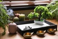 Beautiful miniature zen garden, candles and oil lamps near window