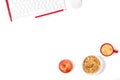 Beautiful minimal mockup. White modern keyboard, mouse, pencil, pen, plate with granola, small red cup of coffee on white backgrou
