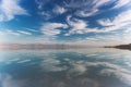 Beautiful mirror reflection of blue sky at Dead Sea, Israel.