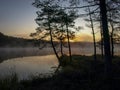 Beautiful Mist On The Lake, Dark Tree Silhouettes, Sunset On The Forest Lake