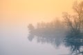 A beautiful misty morning in the central Norway. Colorful autumn landscape with mist.