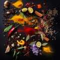 Beautiful mix of bright spices on black backdrop. Diverse spices, seeds and herbs in a random order. Top view. Generative AI