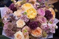 Beautiful mixed flowers bouquet with yellow and pink roses close-up Royalty Free Stock Photo