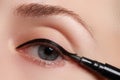 Beautiful model applying eyeliner close-up on eye. Make-up Royalty Free Stock Photo