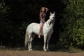 Beautiful model bareback ride her dressage horse in woods glade at sunset