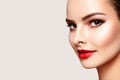 Beautiful Model with Fashion Evening Make-up. Close-up Portrait Sexy Woman with Glamour Red Lips Makeup. Classic Style Royalty Free Stock Photo